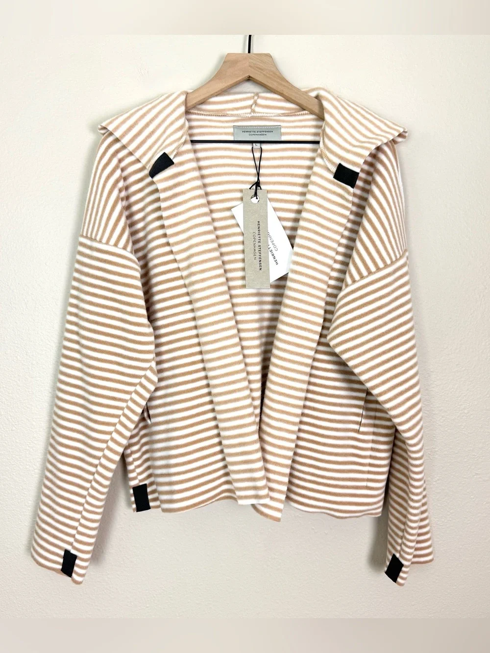 NWT Henriette Steffensen Sporty Fleece Hooded Cardigan Tan Beige Stripes Large - Picture 1 of 8
